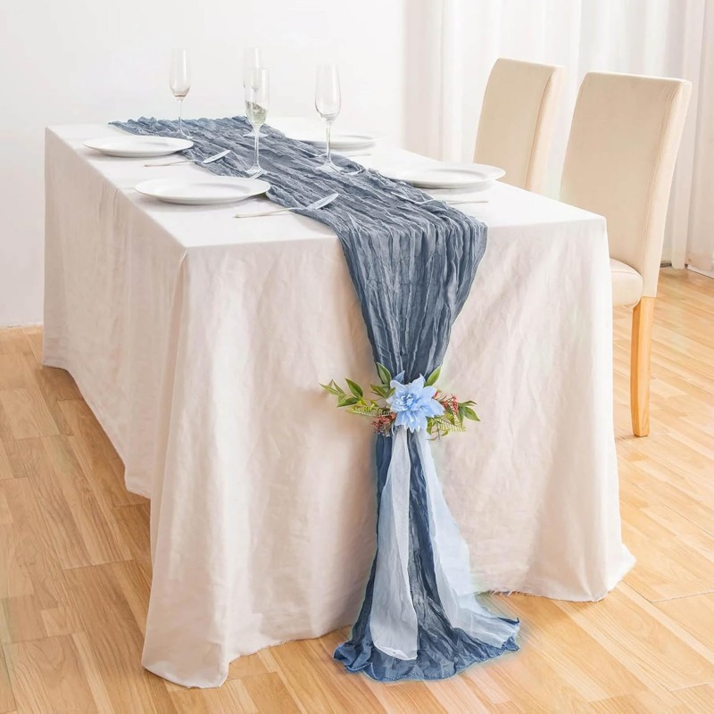 Chemin de table en gaze de coton bleu gris
