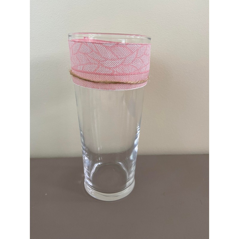 Vase transparent ruban rose et fils jute